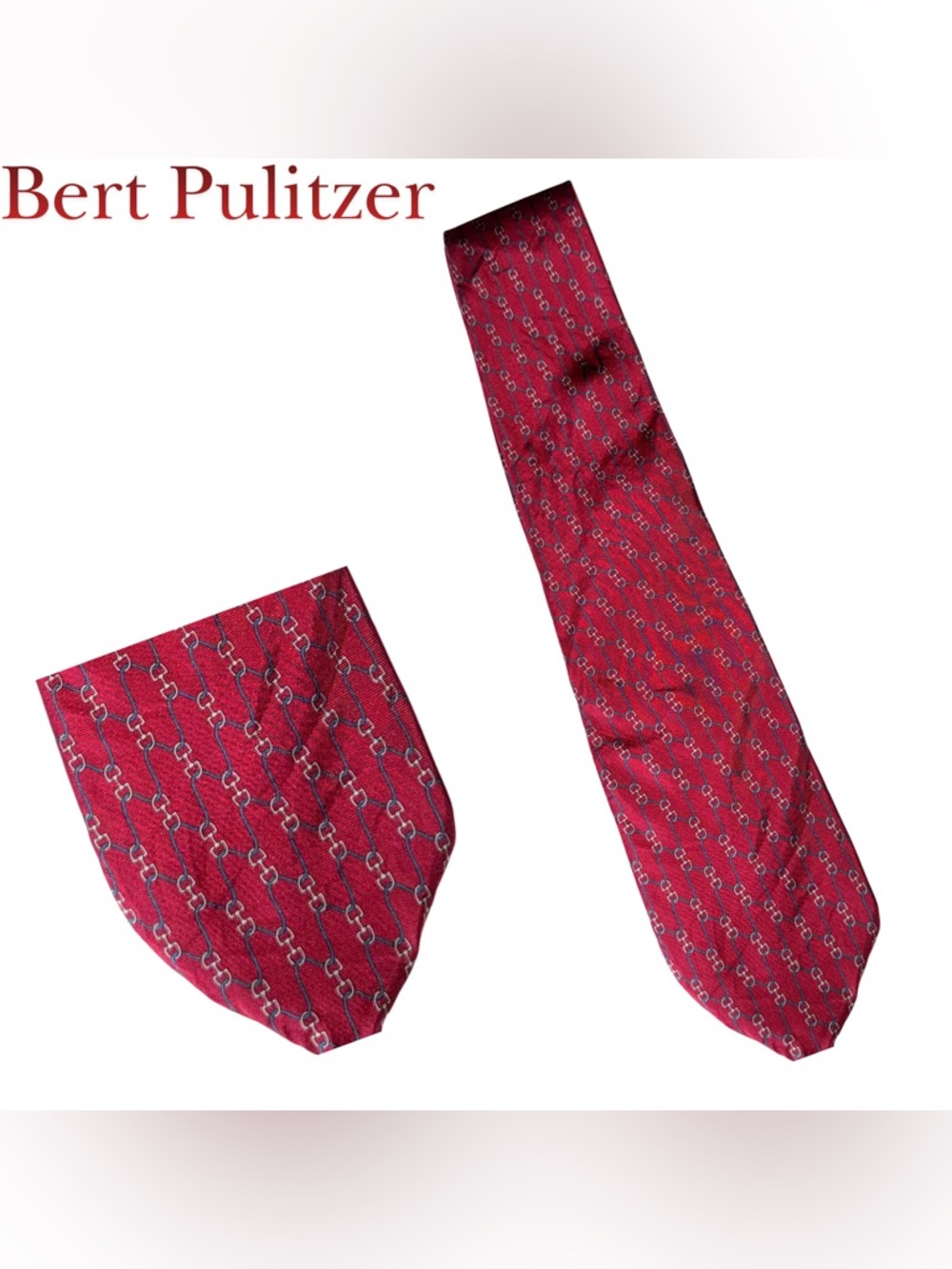 Bert Pulitzer Handmade 100% Silk Men’s Necktie Red Blue Chain Link